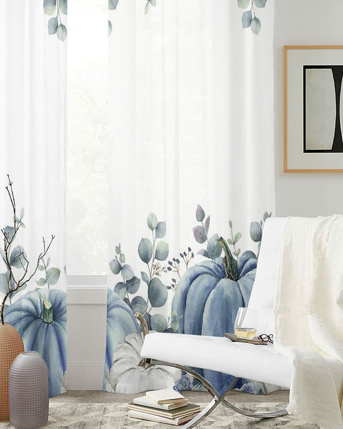 Thanksgiving Pumpkins Eucalyptus Sheer Curtains 84in 2 Panels Blue White