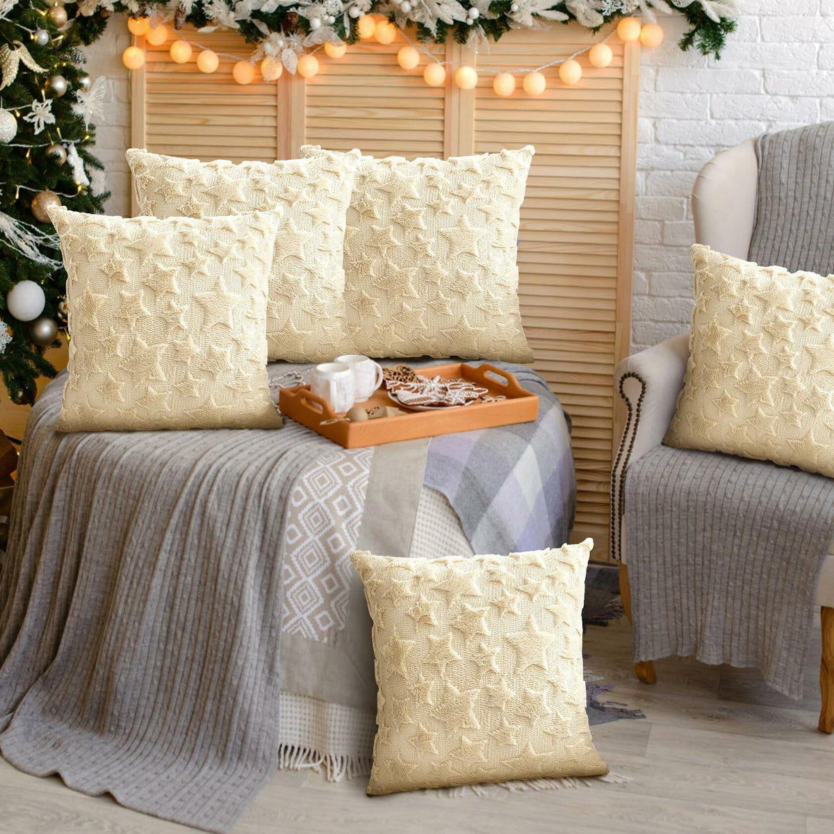 Set of 2 Christmas Pillow Covers 18x18 Cream Beige Plush Velvet Soft Throw