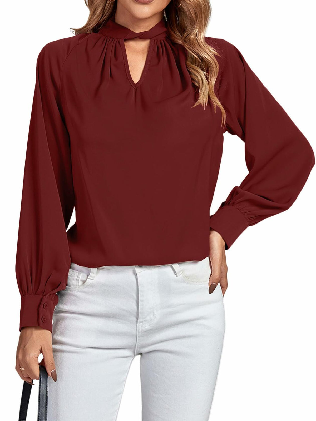LYANER Women's Burgundy Twist Hollow Out Long Sleeve Office Blouse Medium