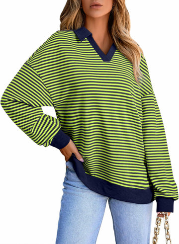 AlvaQ Womens Blue Colorblock Striped Sweatshirt V-Neck Lapel Size M