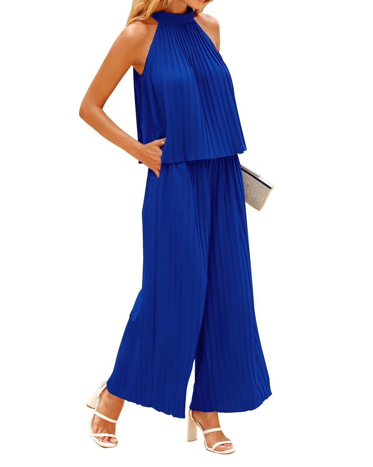 dowerme Women's 2PC Set Halter Neck Sleeveless Top & Pants Dark Royal Blue - S