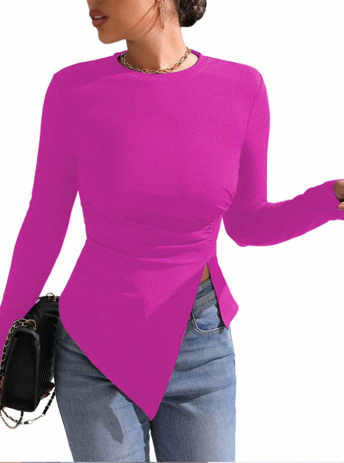 Remidoo Women's Rib Knit Long Sleeve Top Hot Pink Size L