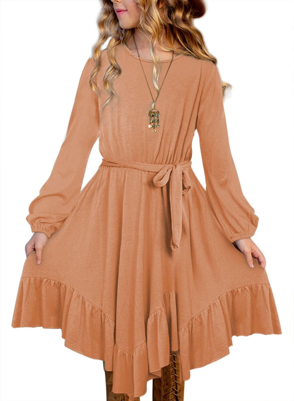 blibean Girl Boho Maxi Dress Long Sleeve A-Line Orange Size 8-9 Years