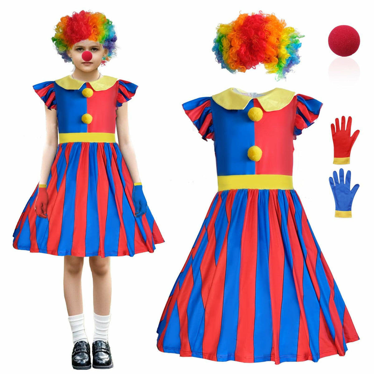 FINASKASU Girls Clown Costume 4 Pcs Set, Halloween Costume 5-6Y