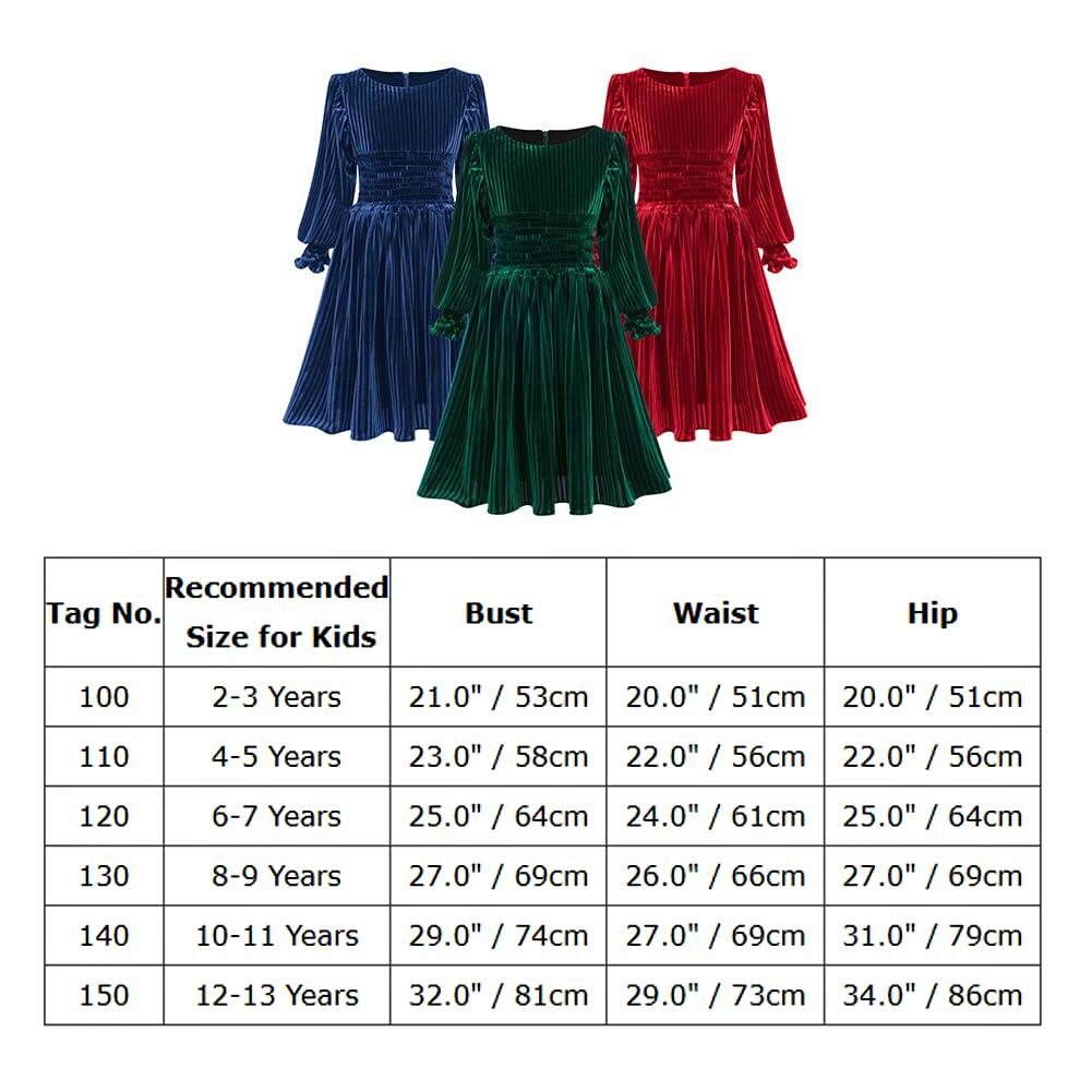 IMEKIS Toddler Velvet Christmas Dress Dark Green Long Sleeve Size 2-3T