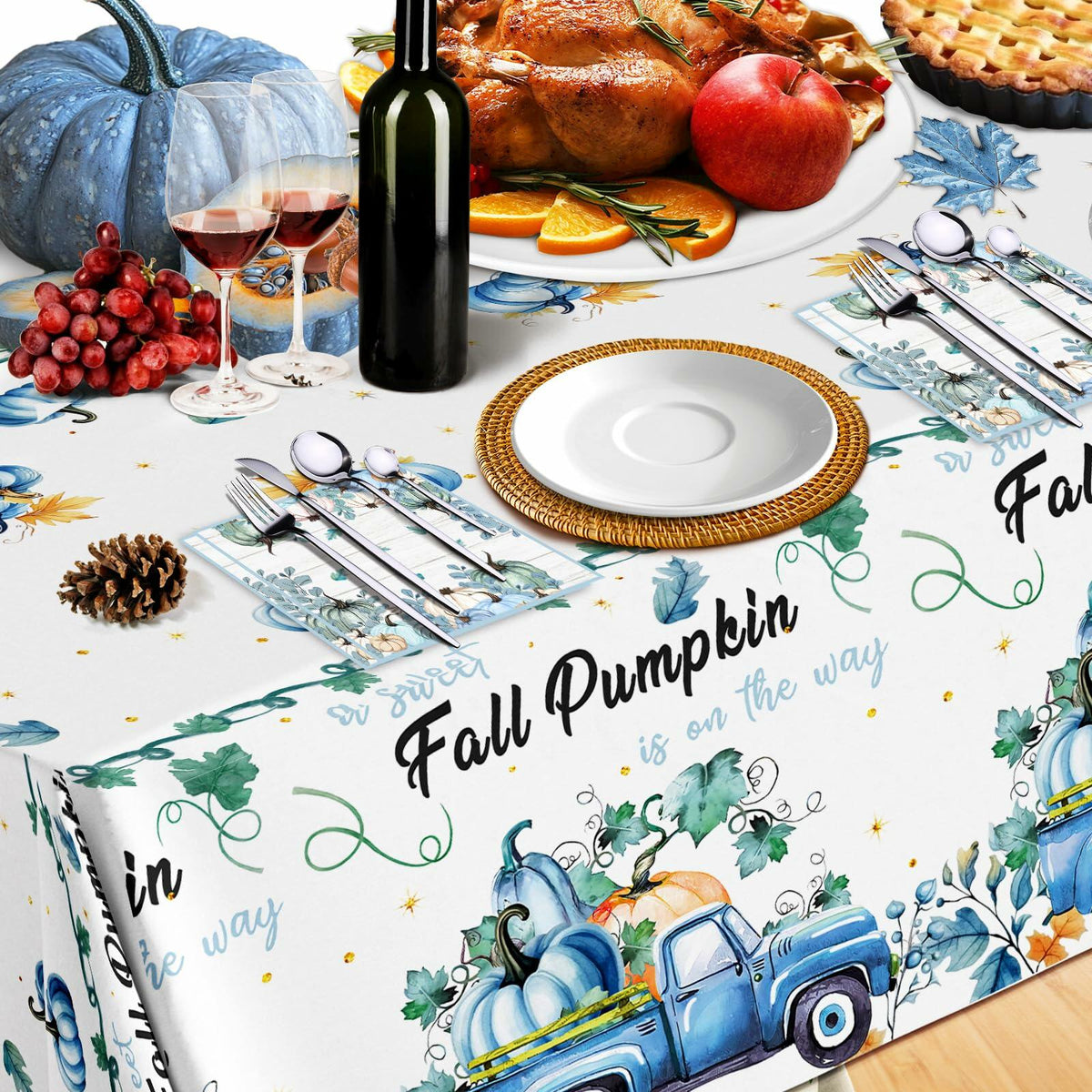 3 Pc Blue Fall Thanksgiving Tablecloth Set 54x108in + 60 Napkins Disposable