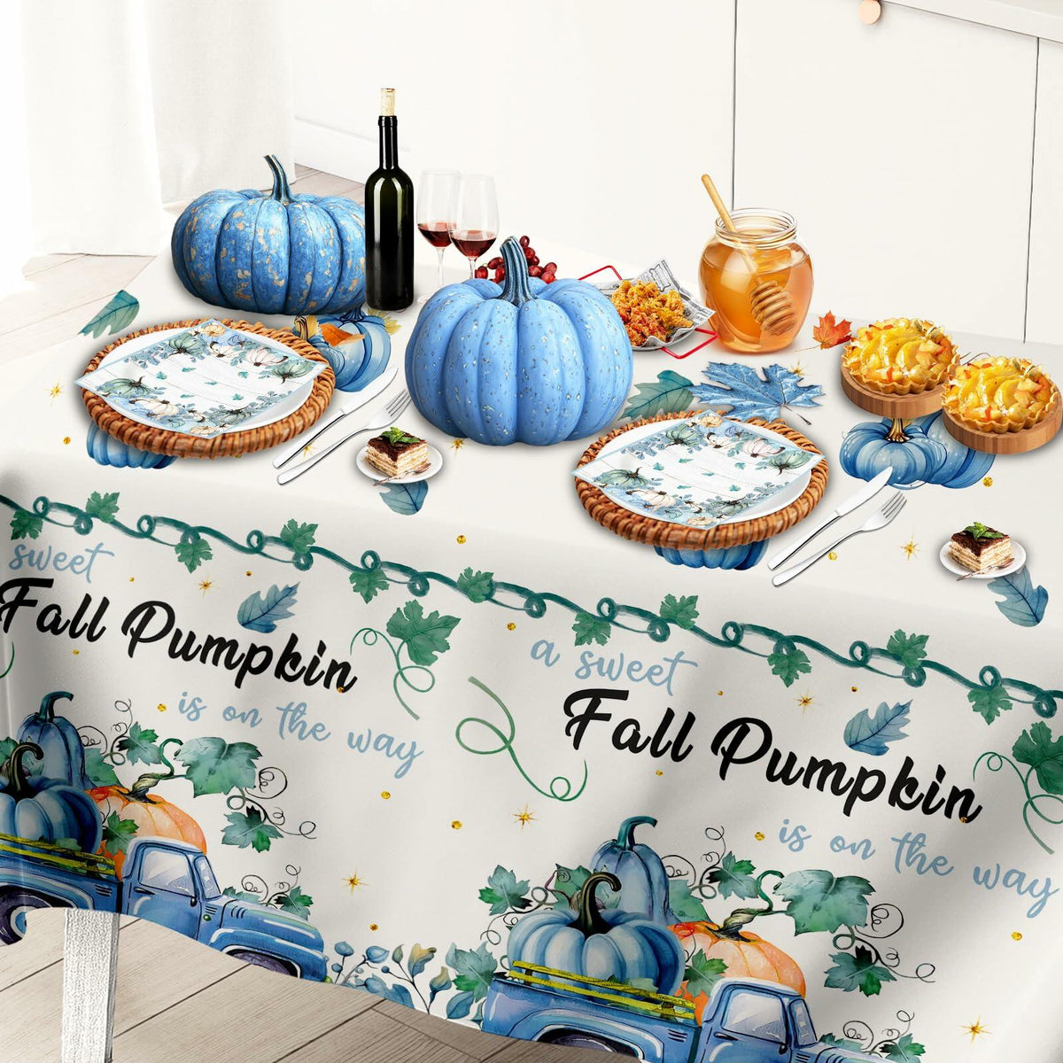 3 Pc Blue Fall Thanksgiving Tablecloth Set 54x108in + 60 Napkins Disposable