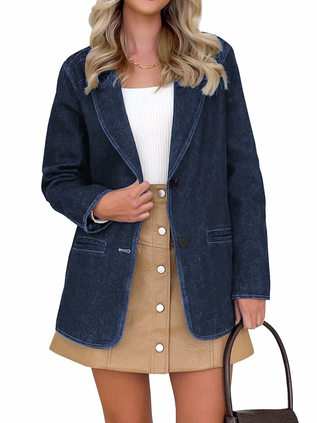 Fisoew Womens Denim Blazer Jacket Long Sleeve Blue Single Breasted - Medium