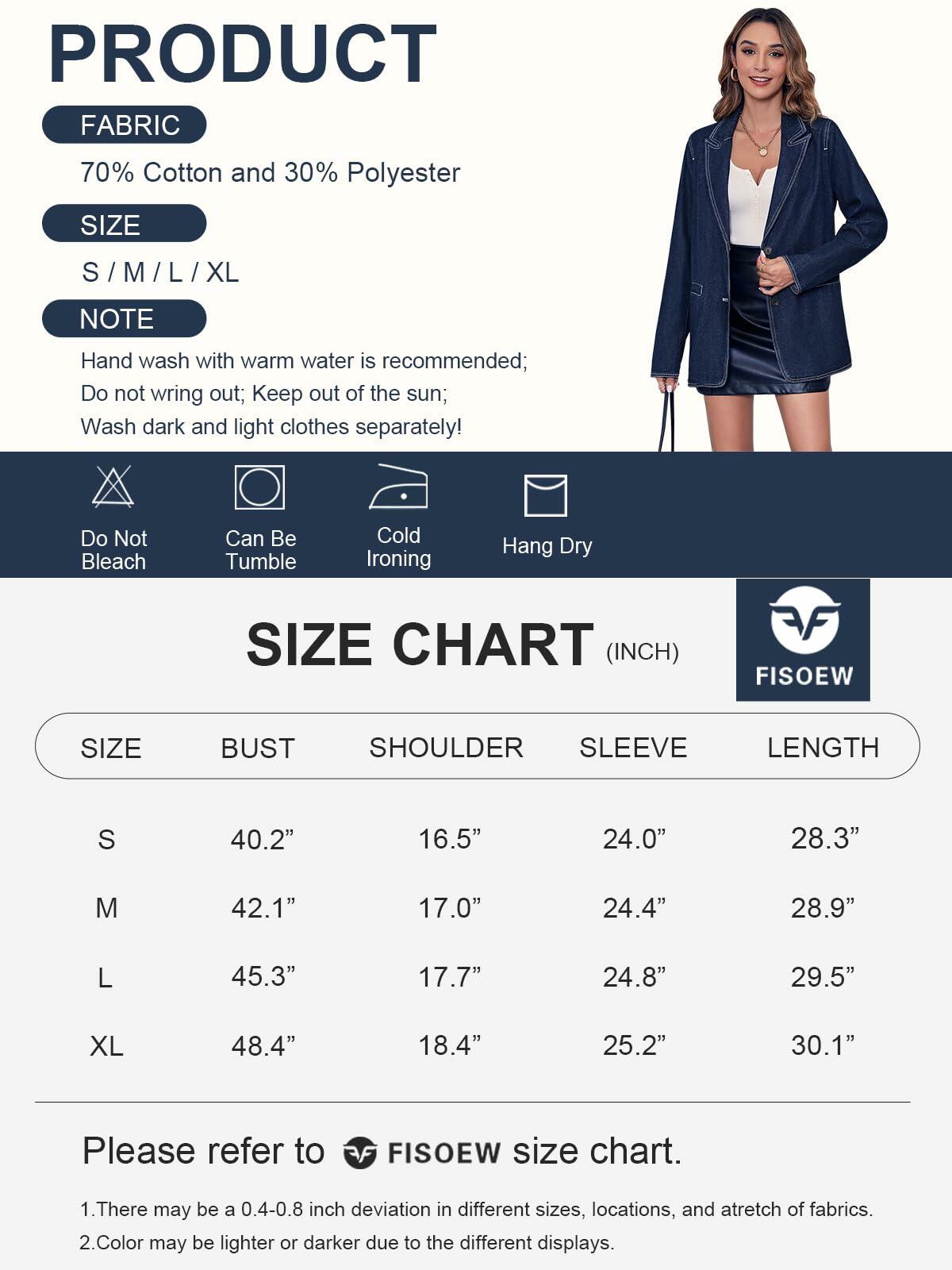 Fisoew Womens Denim Blazer Jacket Long Sleeve Blue Single Breasted - Medium