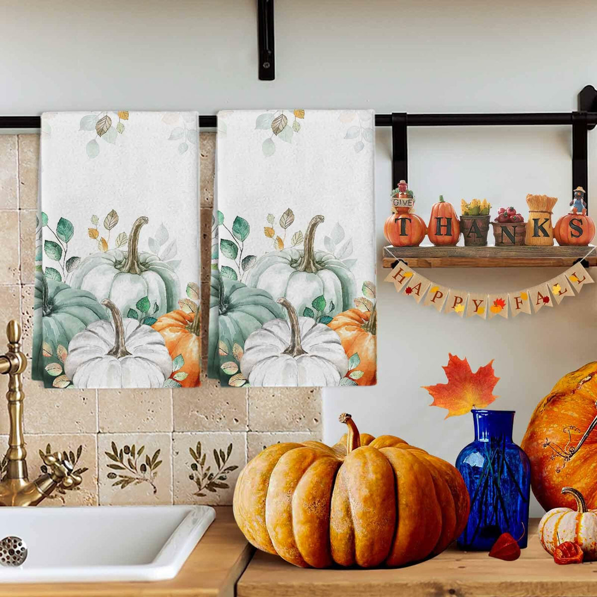 Thanksgiving Green Pumpkin Kitchen Towels Set of 2 18x28 Fall Decor Absorbent