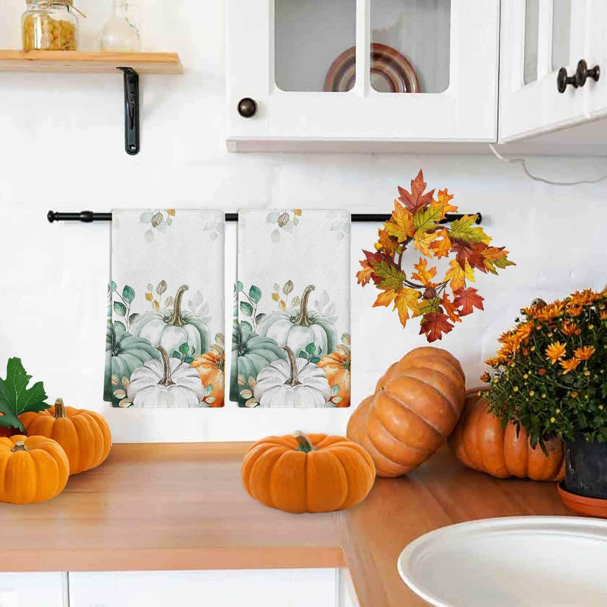 Thanksgiving Green Pumpkin Kitchen Towels Set of 2 18x28 Fall Decor Absorbent