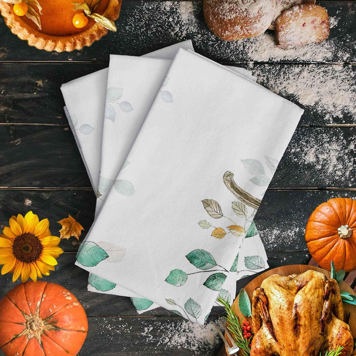 Thanksgiving Green Pumpkin Kitchen Towels Set of 2 18x28 Fall Decor Absorbent