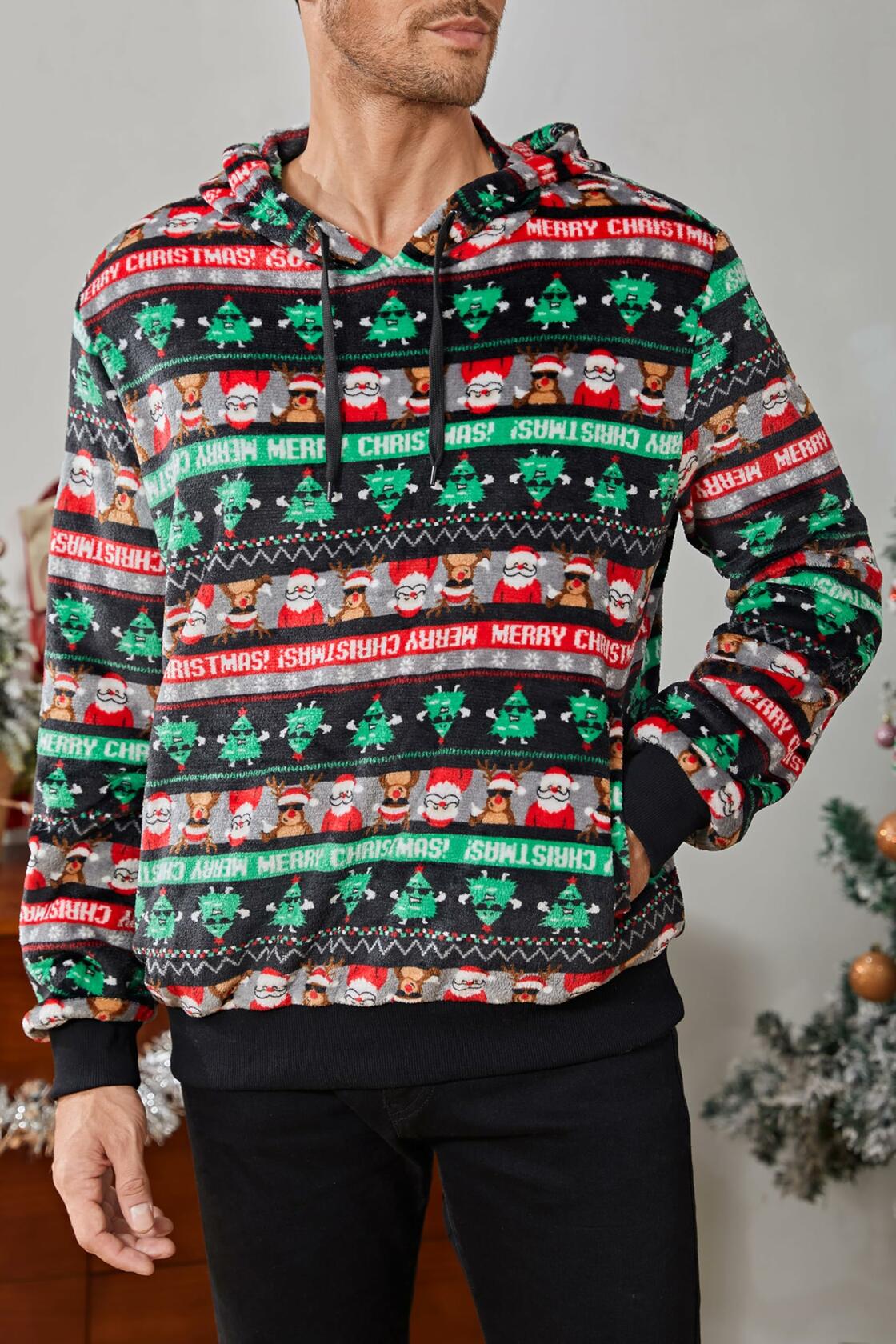 Runcati Mens Green Ugly Christmas Sherpa Hoodie Pullover Sweatshirt
