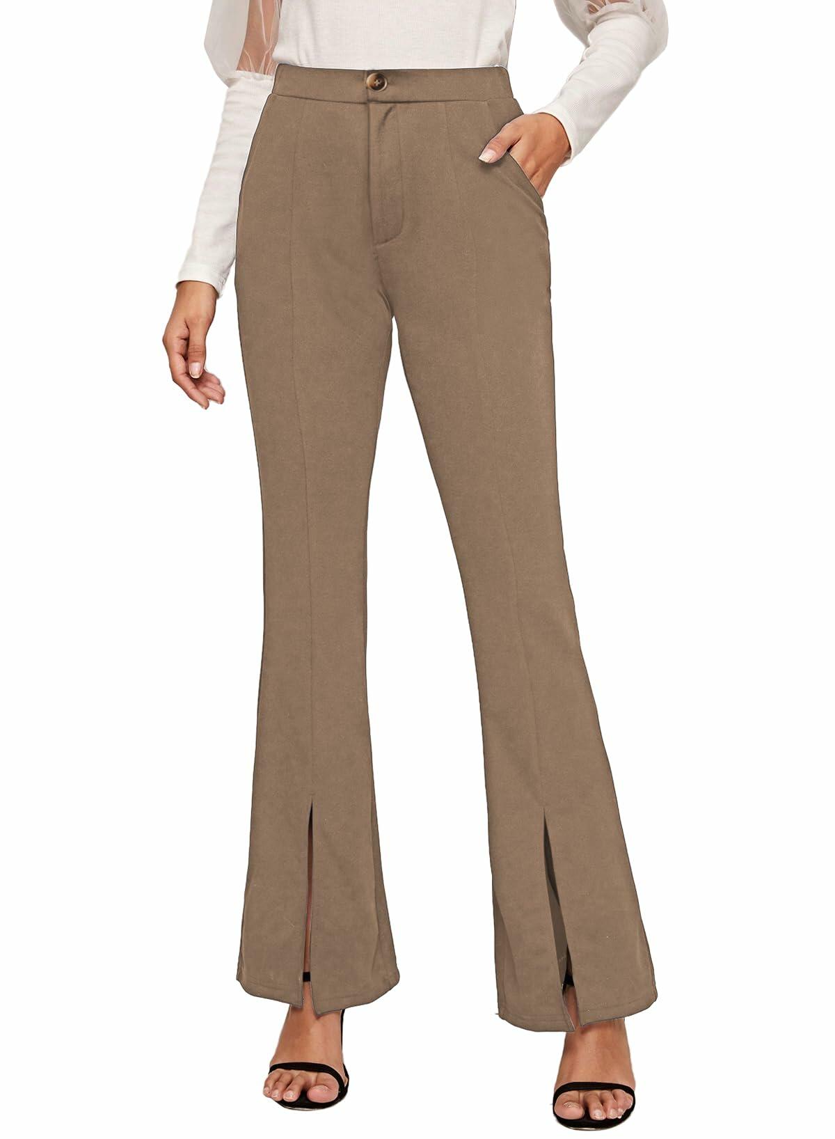 EVALESS Women's Khaki High Waisted Stretchy Flared Work Pants Medium