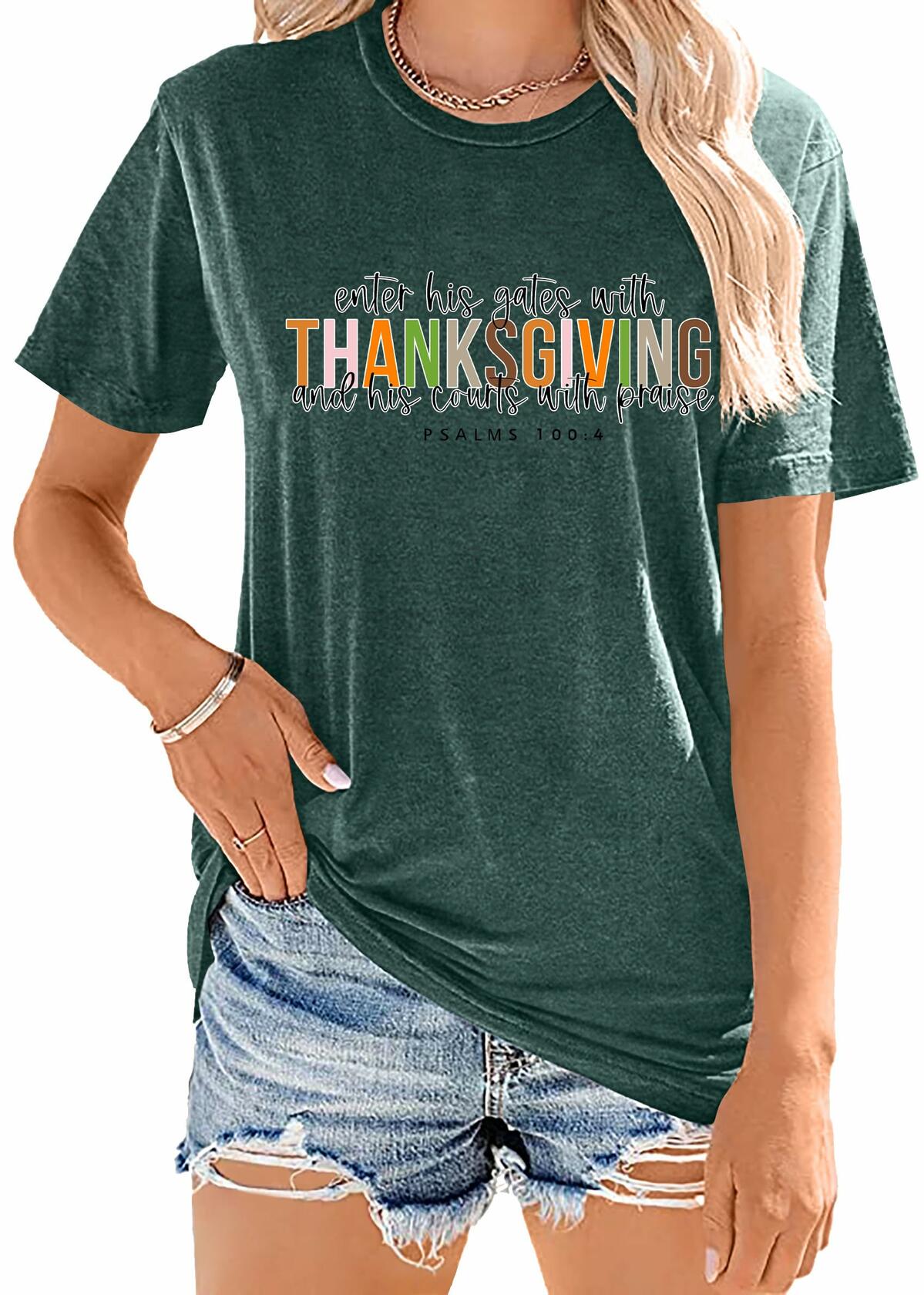 ELDPS Thanksgiving Shirt Women Casual Fall Top Thankful Tee Single Unit - Size L
