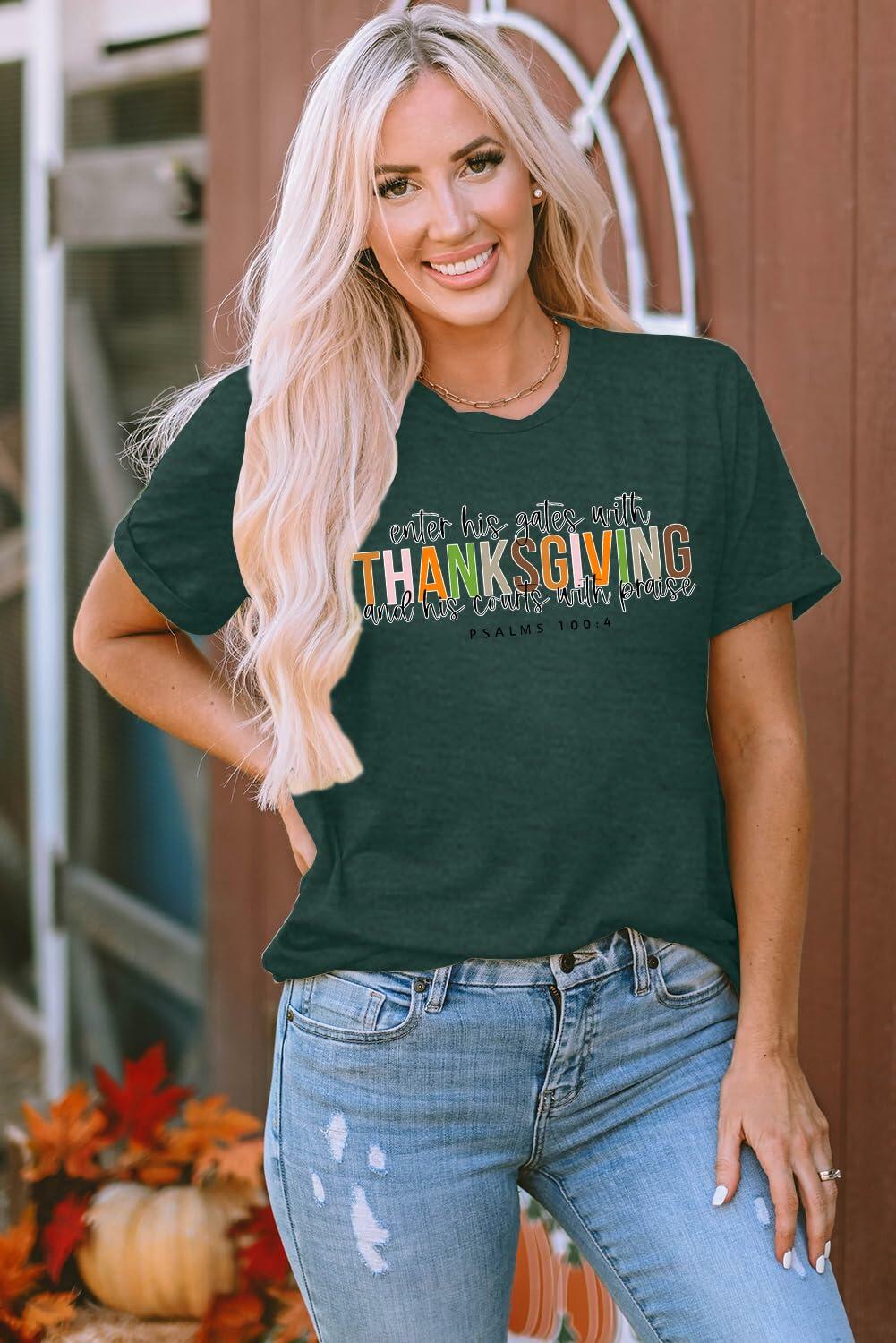 ELDPS Thanksgiving Shirt Women Casual Fall Top Thankful Tee Single Unit - Size L