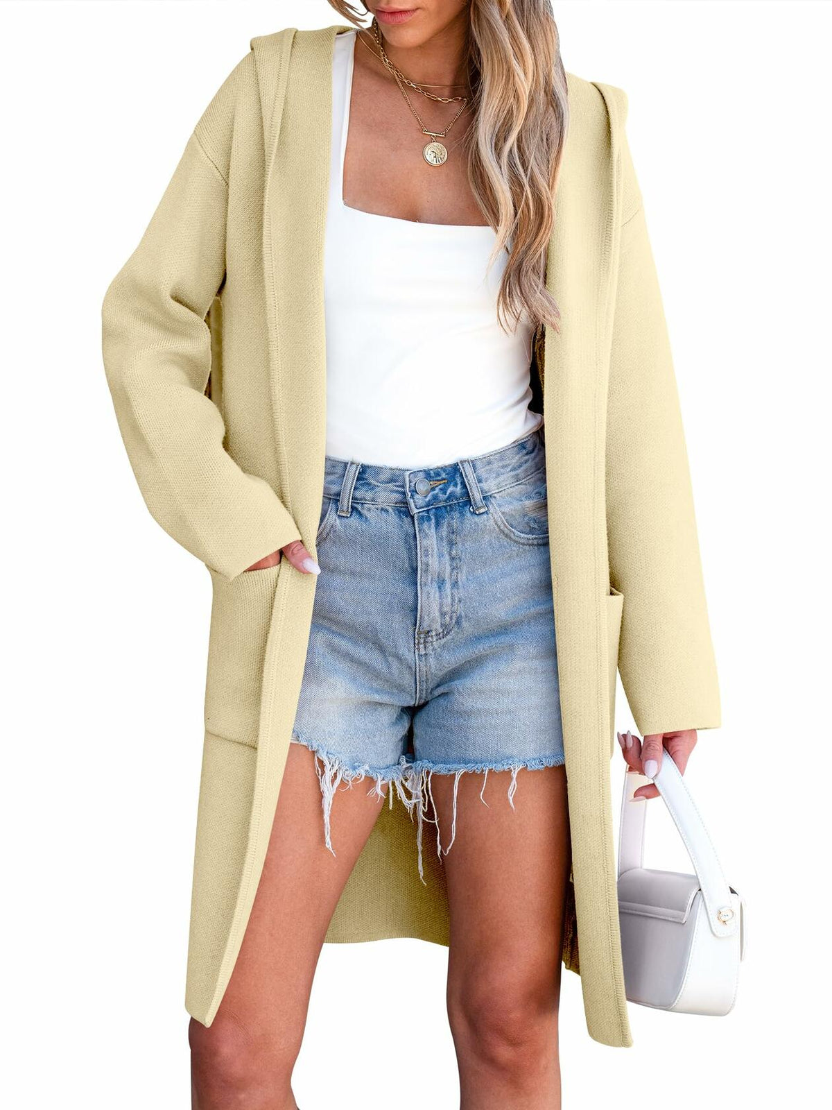 ANRABESS Women Cardigan Open Front Knit Hoodie Sweater Coatigan XS Beige