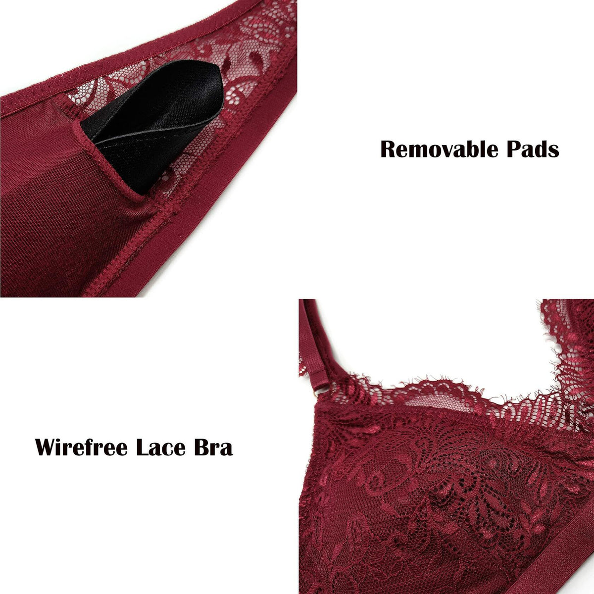 SHEKINI Wireless Padded Lace Bralette Women Size M Wine Red Wireless Bra