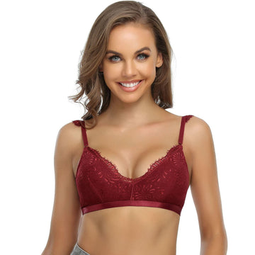 SHEKINI Wireless Padded Lace Bralette Women Size M Wine Red Wireless Bra