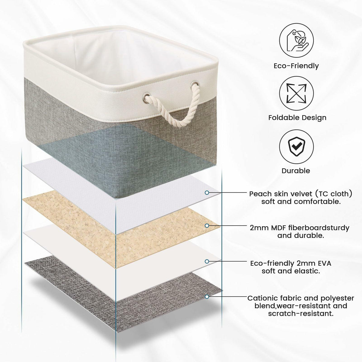 HOdo Home 3PCS Fabric Storage Bins 15x11x9.5in White Grey Collapsible Cubes