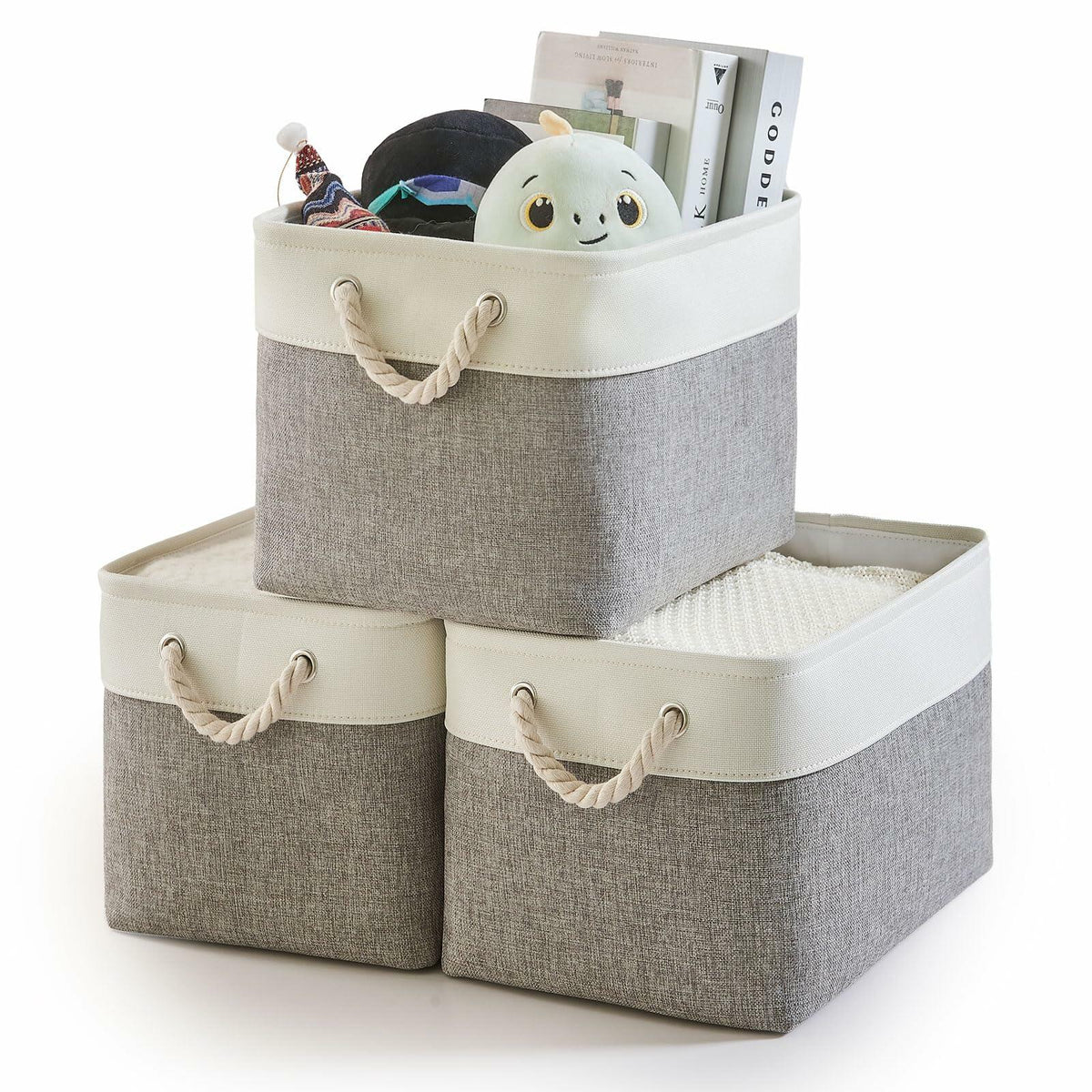 HOdo Home 3PCS Fabric Storage Bins 15x11x9.5in White Grey Collapsible Cubes