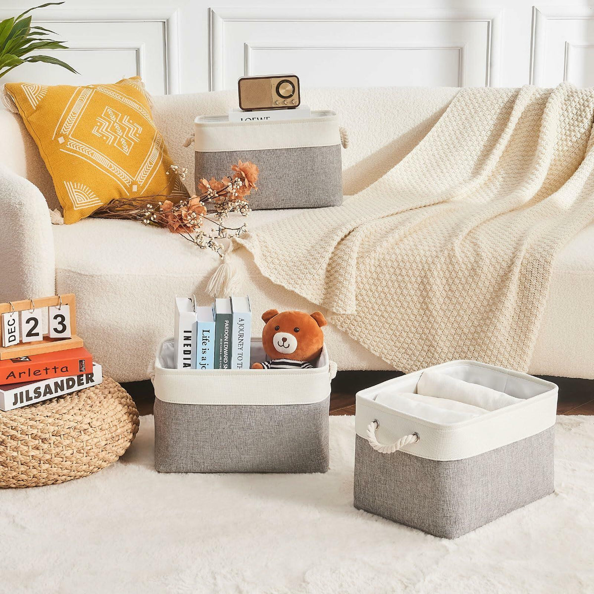 HOdo Home 3PCS Fabric Storage Bins 15x11x9.5in White Grey Collapsible Cubes