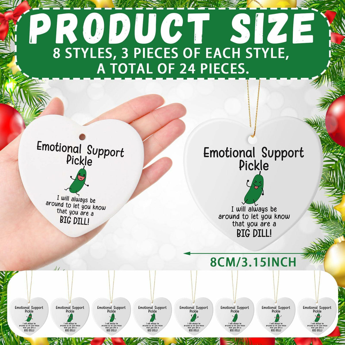Tioncy Emotional Support Pickle Ceramic Ornaments Double Sided Heart 24 Pack