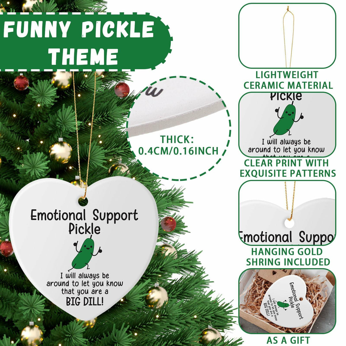 Tioncy Emotional Support Pickle Ceramic Ornaments Double Sided Heart 24 Pack