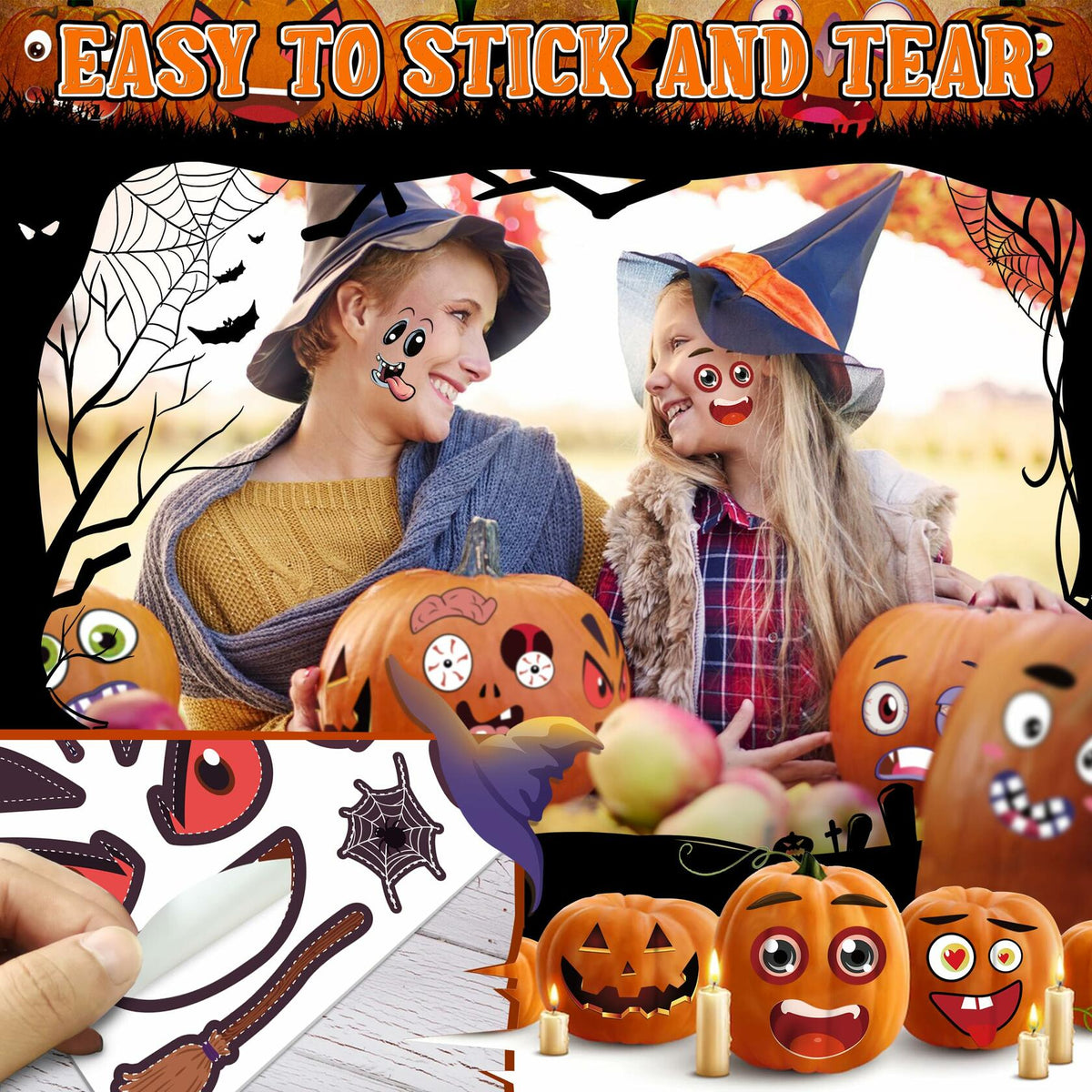 LINAYE Halloween Pumpkin Face Stickers Small Mini 72 PCS Decorating Kit