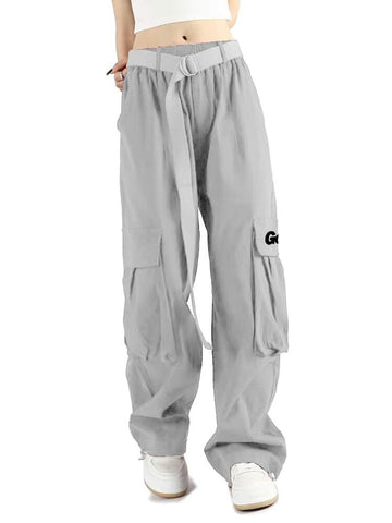 GOLYOY Women's Cargo Pants Grey Adjustable High Waist Baggy Wide Leg Size L