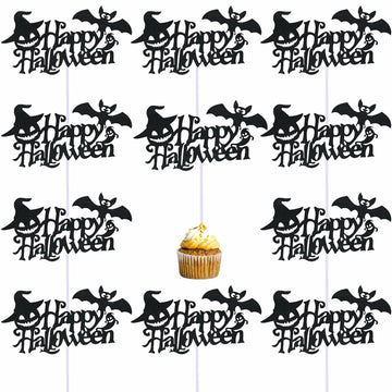 Totelux Halloween Cake Toppers 10Pcs Black Pumpkin Bat Ghost Glitter