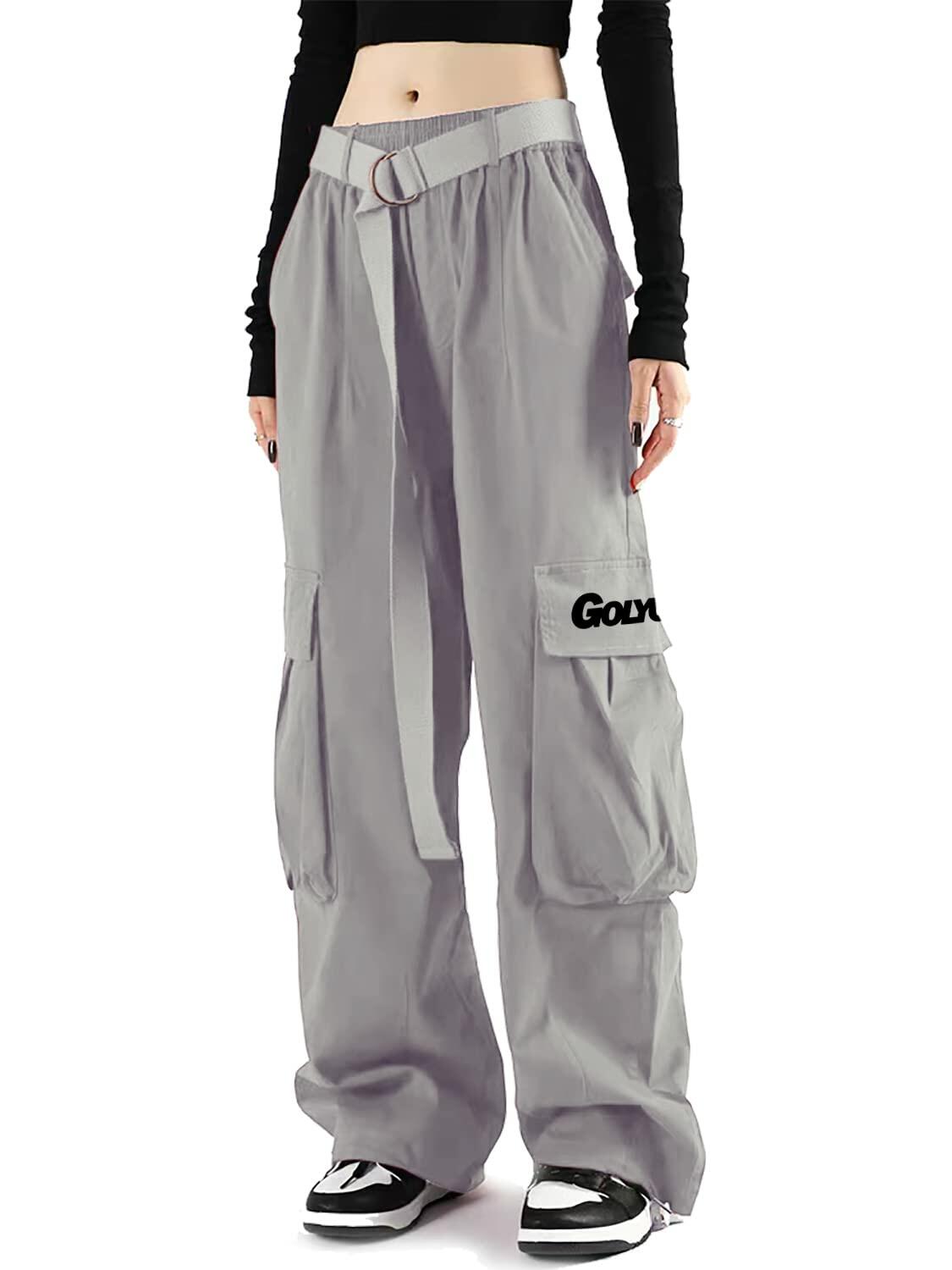 GOLYOY Women's Cargo Pants Grey Adjustable High Waist Baggy Wide Leg Size L
