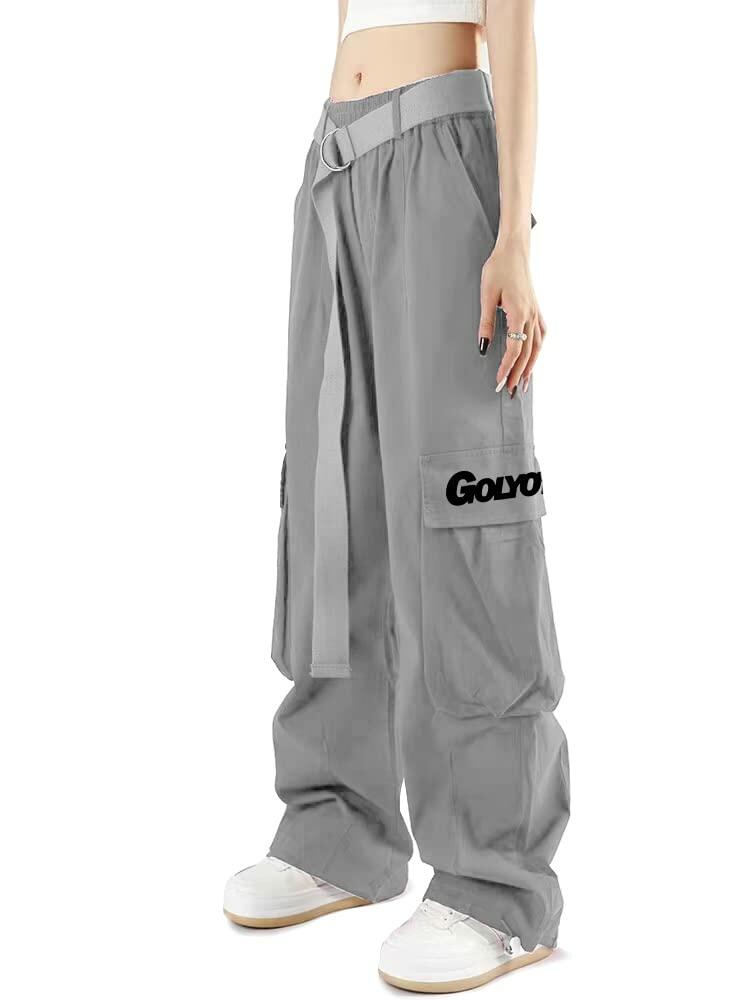 GOLYOY Women's Cargo Pants Grey Adjustable High Waist Baggy Wide Leg Size L