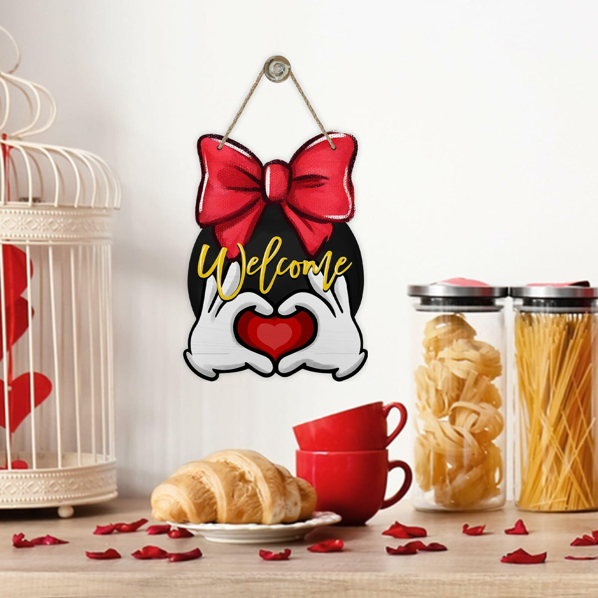 Bolisom Valentine's Day Wood Door Sign Red Love Heart Polka Dot Bow