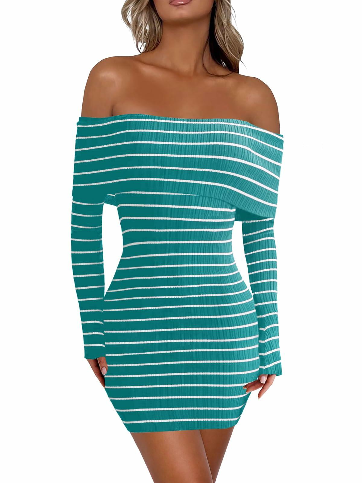 Wenrine Womens Off Shoulder Knit Mini Dress Blue Bodycon Long Sleeve Size S