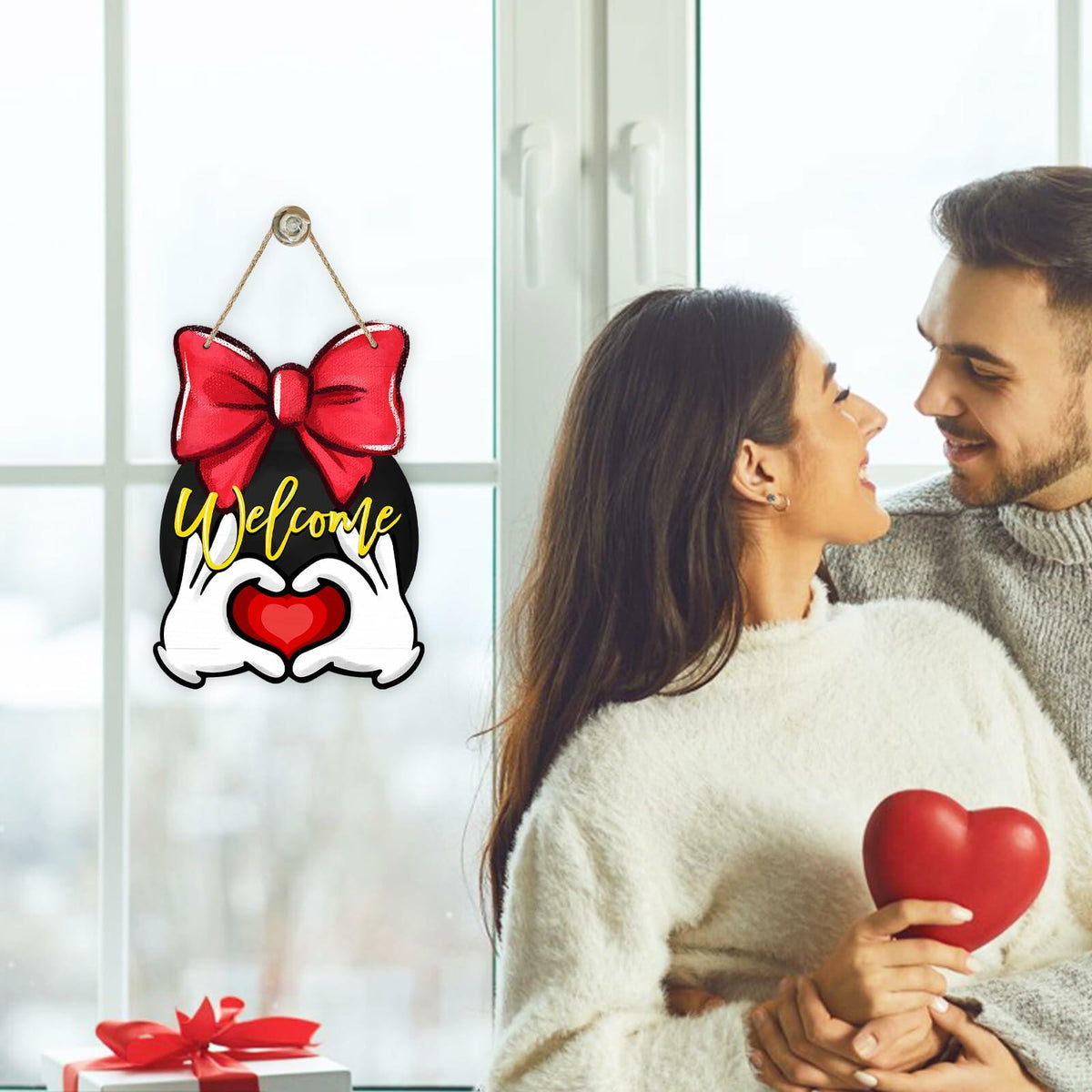 Bolisom Valentine's Day Wood Door Sign Red Love Heart Polka Dot Bow