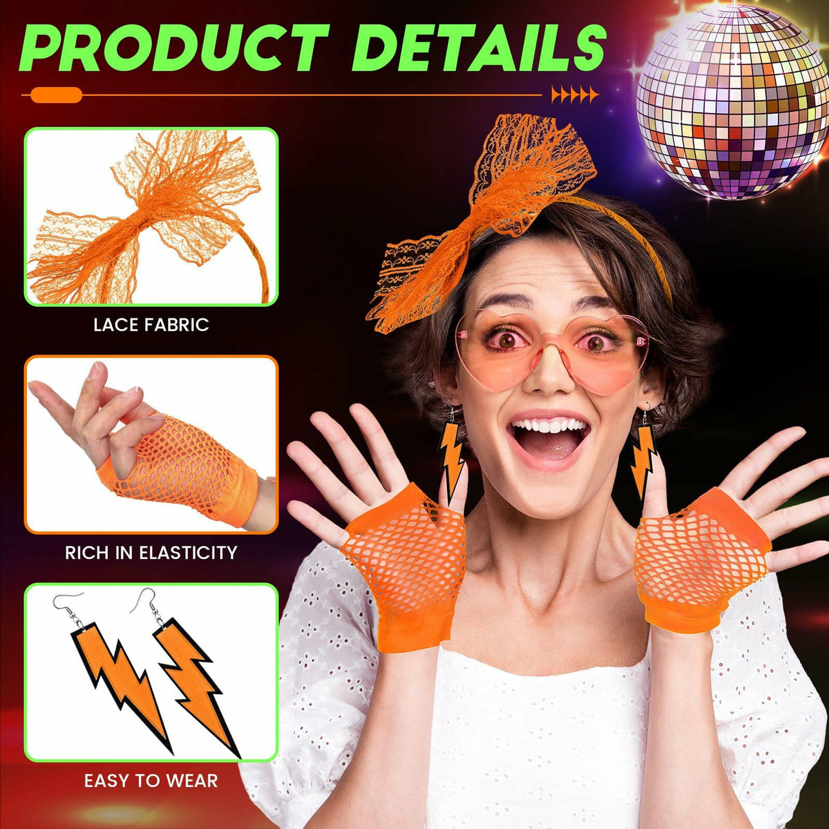 Maiteenly 80s Costume Accessories Purple Pink Neon Earrings Gloves 2 Sets