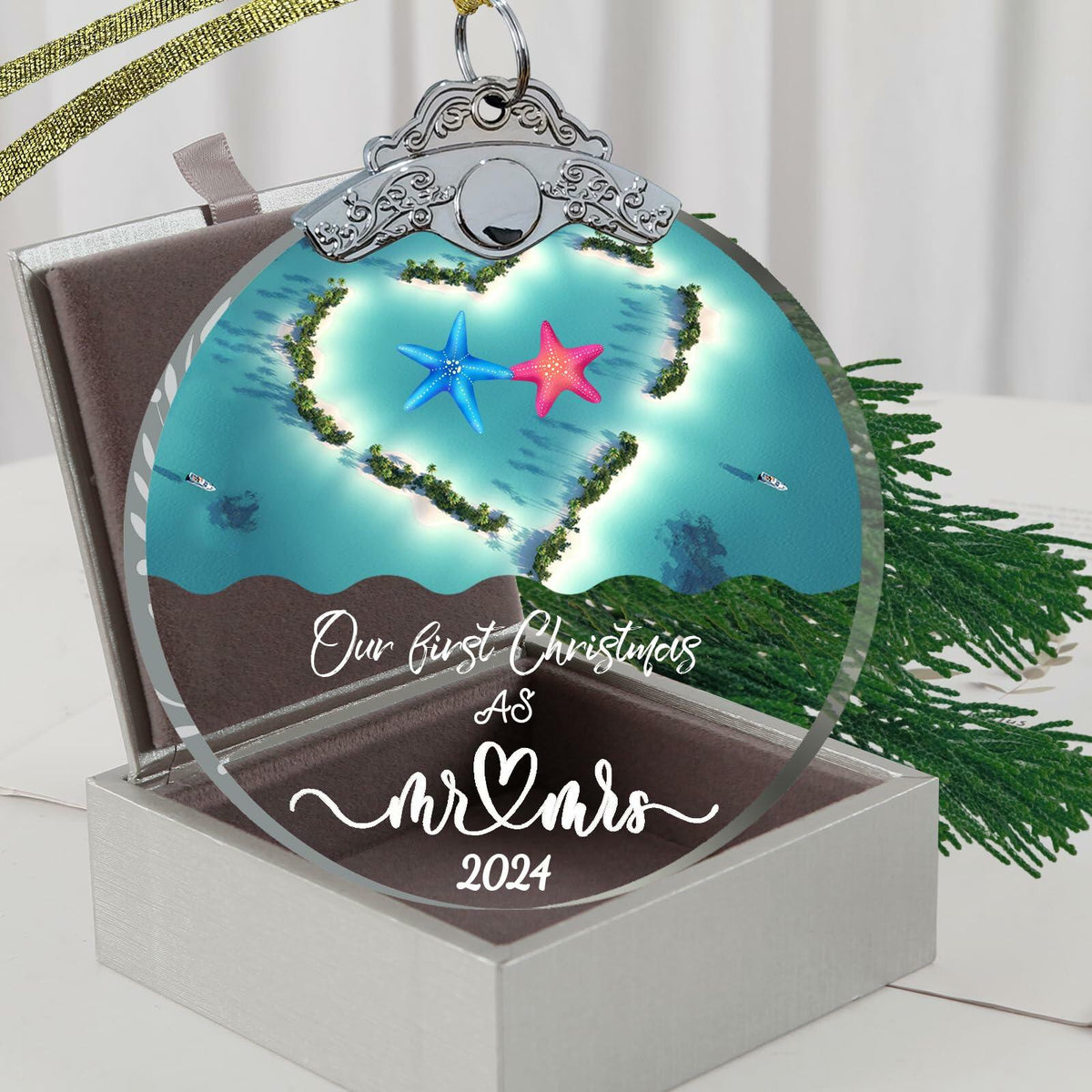 Just Married 3" Glass Ornament 2024 Wedding Couple Gift with Gift Box