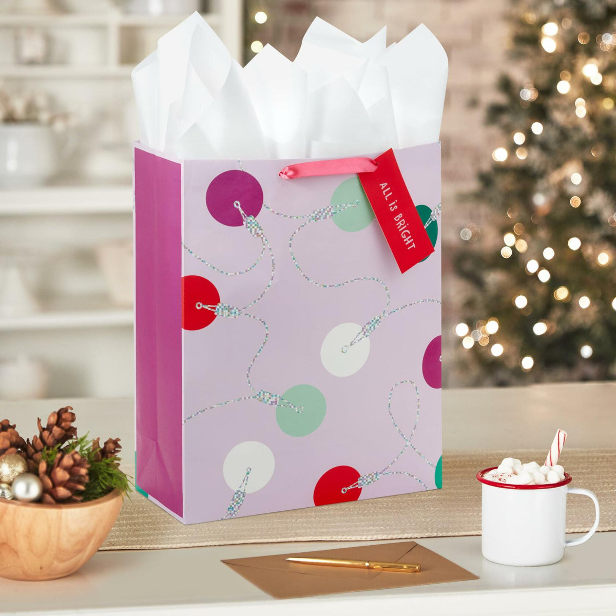 Hallmark 15" Extra Large Holiday Gift Bag Trendy Lights Pink with Tissue & Tag