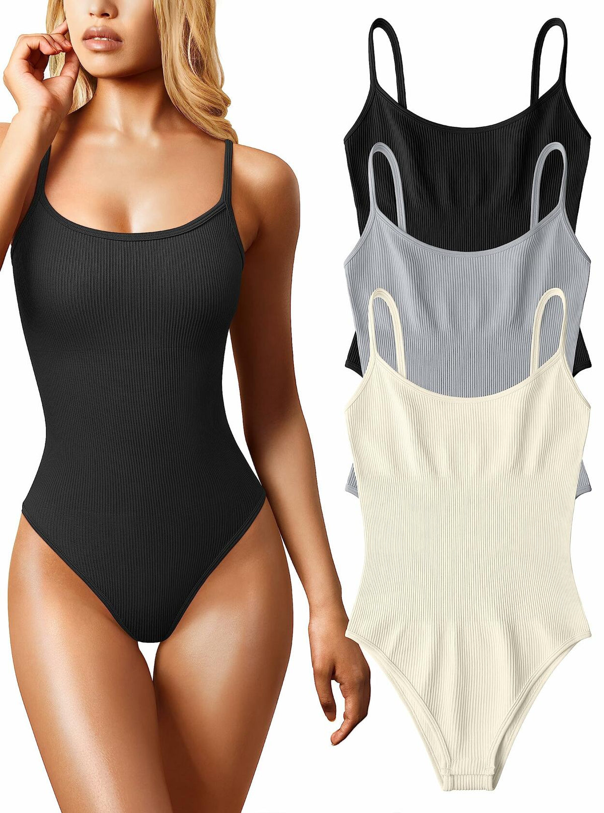 Women's 3 Pc Ribbed Adjustable Spaghetti Strap Bodysuits Black Grey Beige - L