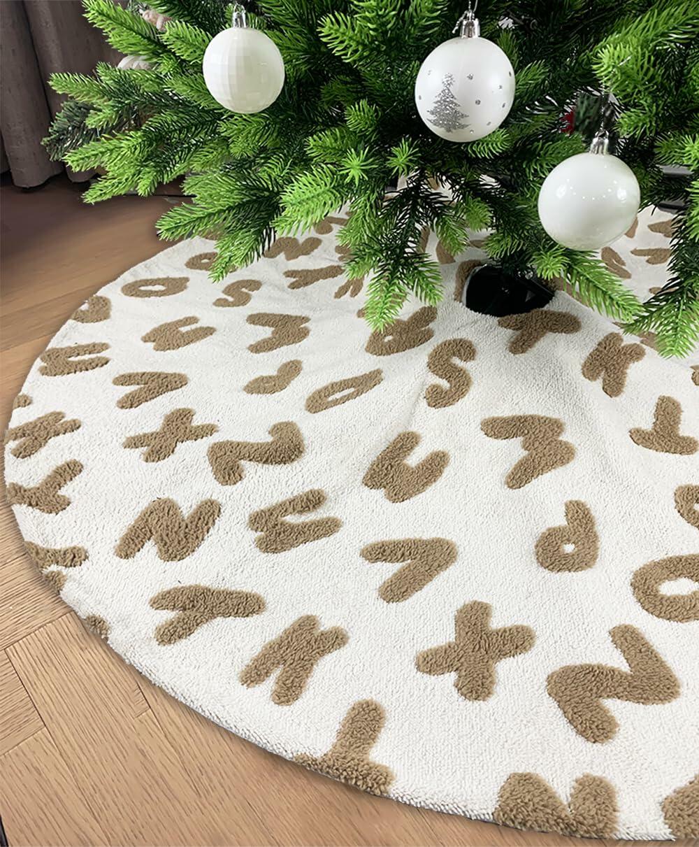 AISENO 48 Inch White Plush Alphabet Christmas Tree Skirt Faux Fur Decor