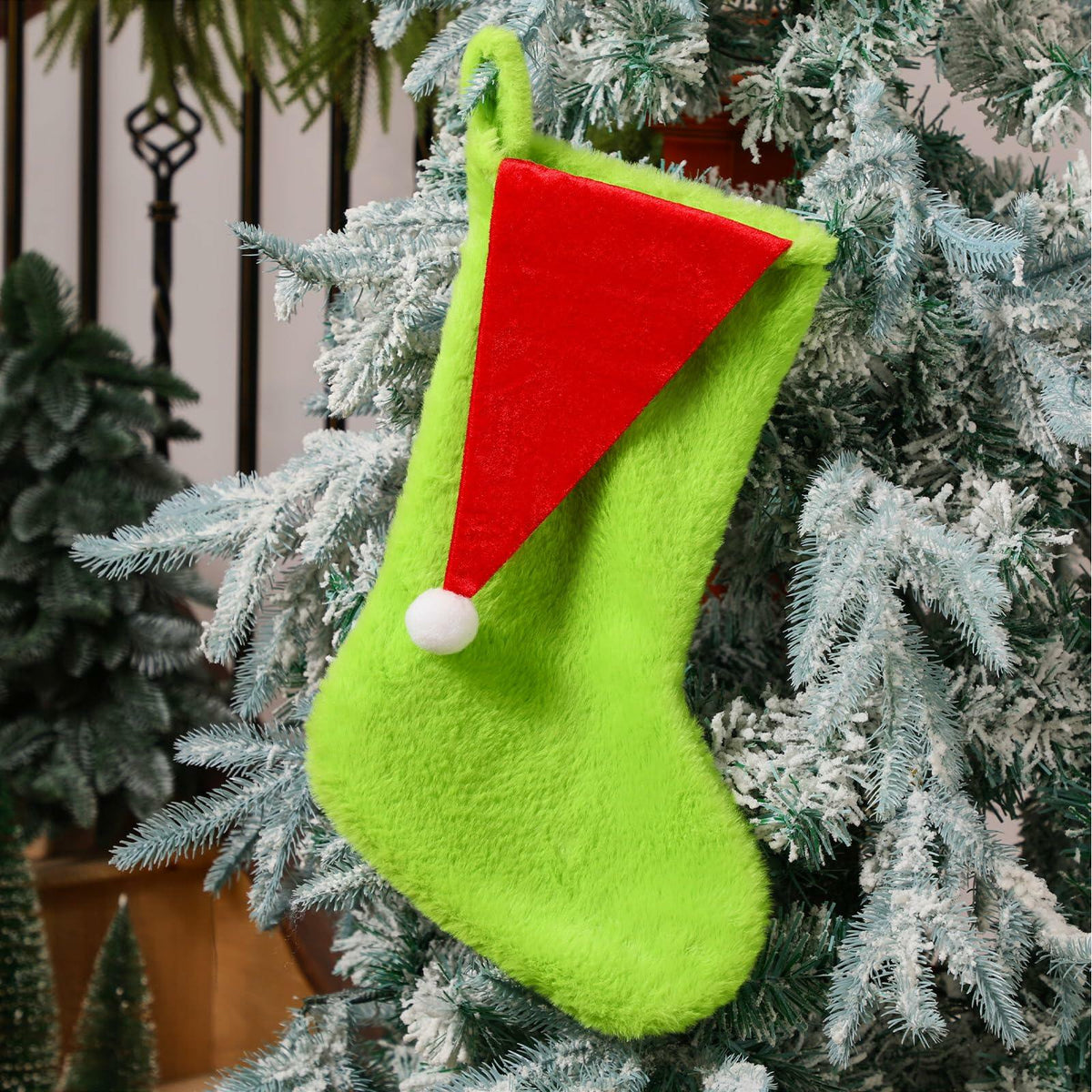 Lunmon 6pcs 18in Red Green Christmas Stockings Faux Fur Holiday Decor
