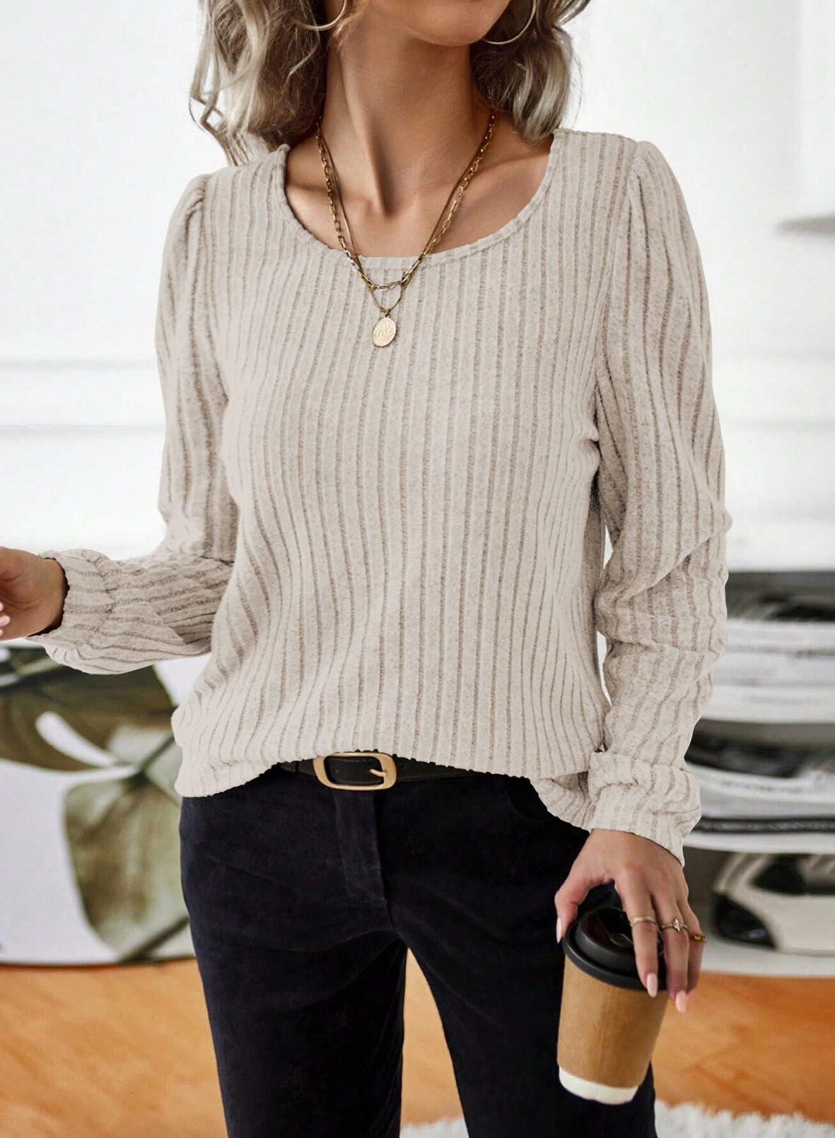 Samefar Womens Long Sleeve Blouse Casual Round Neck Apricot Size S