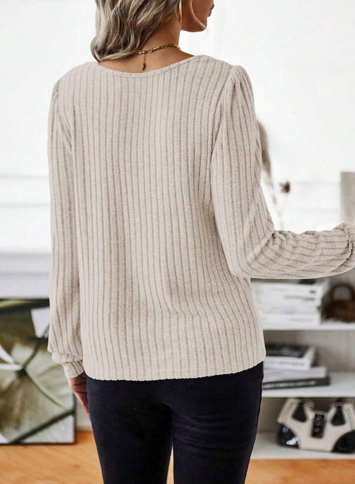 Samefar Womens Long Sleeve Blouse Casual Round Neck Apricot Size S