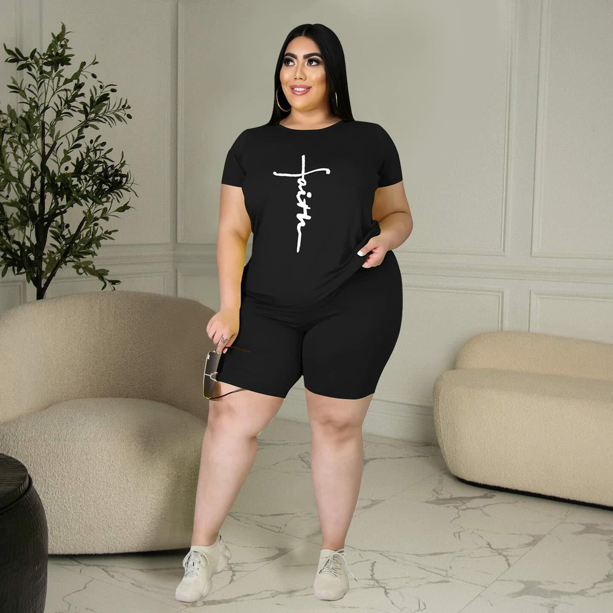 Tycorwd Plus Size 2PC Jogger Set Black Summer Casual Tracksuit Size 5-3XL