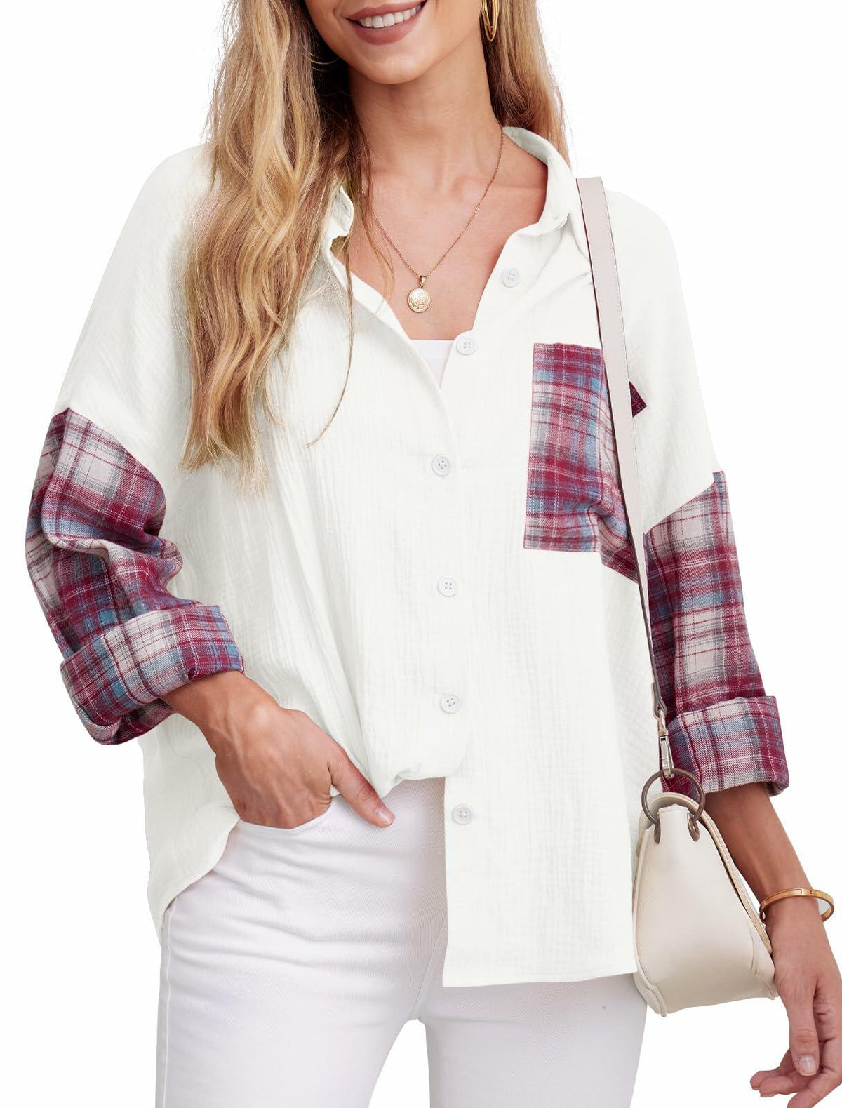 HWOKEFEIYU Women's Cotton Long Sleeve Shirt Red Grid Size M