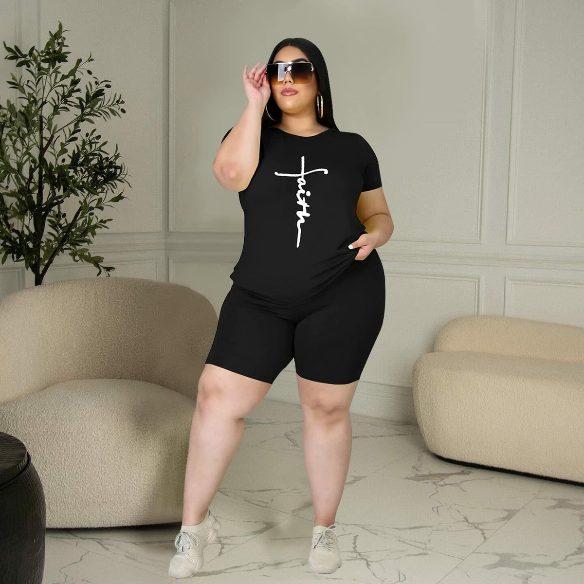 Tycorwd Plus Size 2PC Jogger Set Black Summer Casual Tracksuit Size 5-3XL