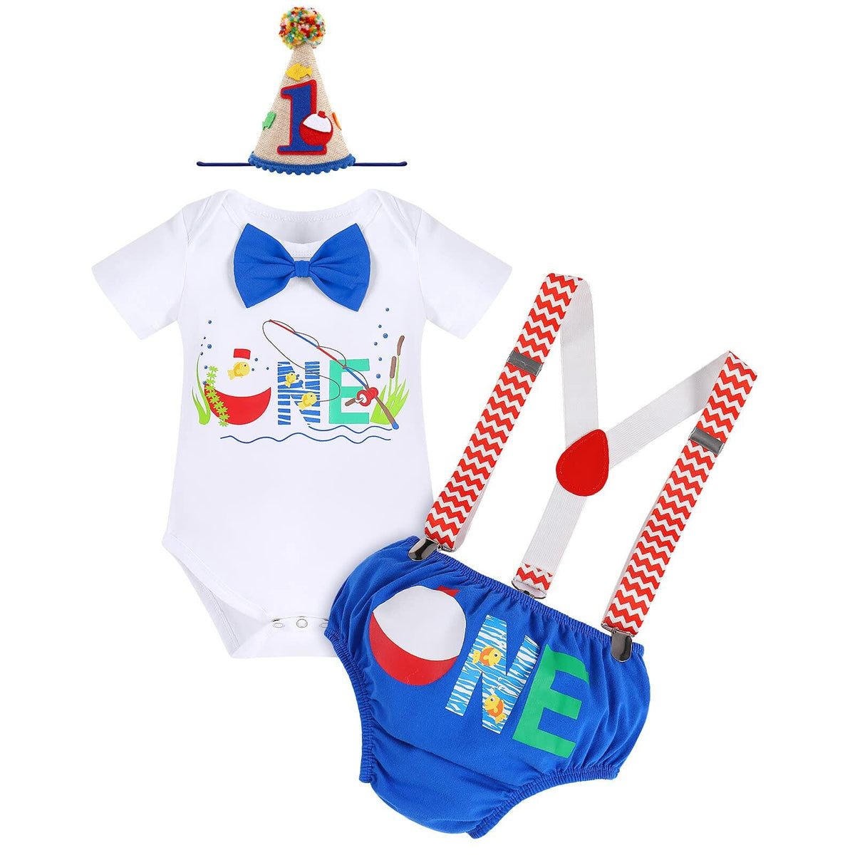Big One Boys Bowtie Romper Suspenders Diaper Cover Hat Royal Blue Size 6-12M