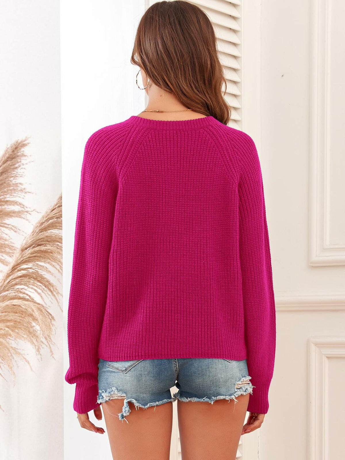 ZAFUL Rose Red V Neck Pullover Sweater Ribbed Knit Size M