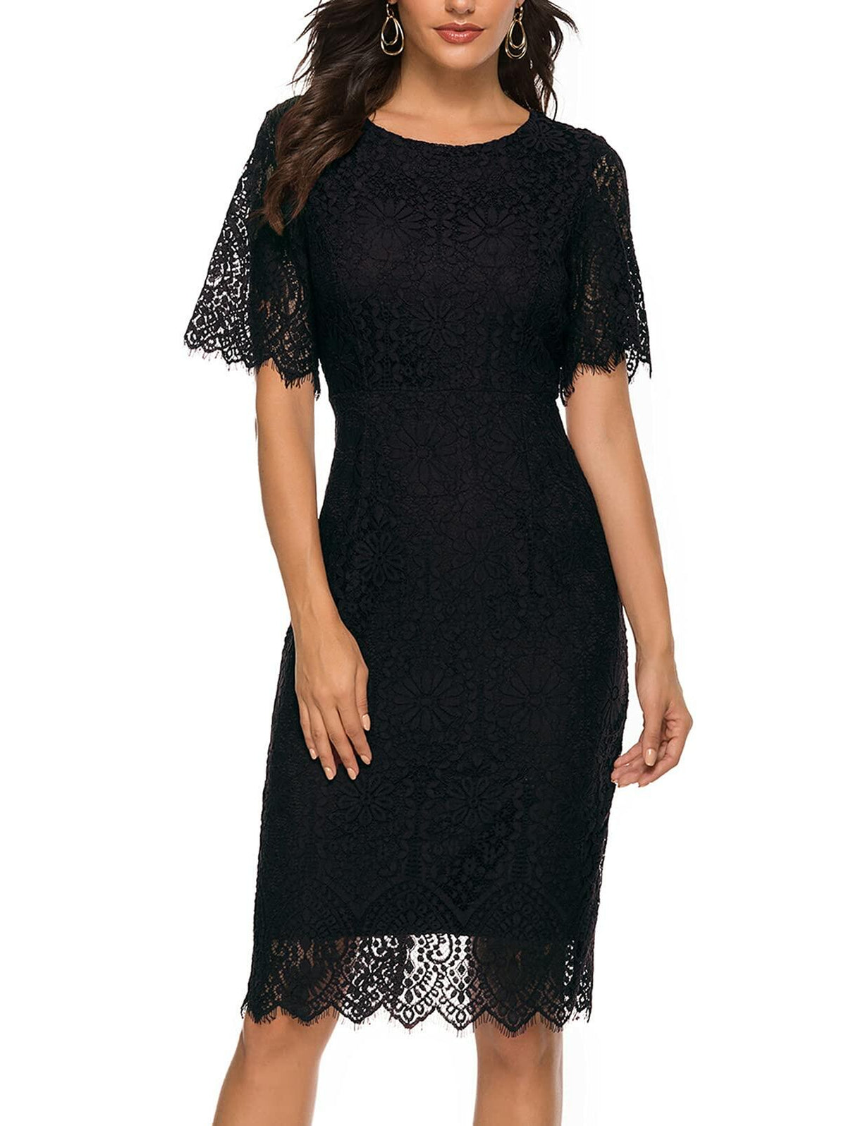 MEROKEETY Women's Short Sleeve Lace Floral Cocktail Dress Crew Neck Size S
